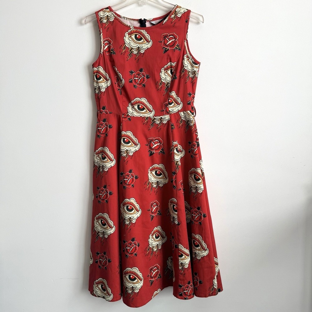 Lady Vintage London Hepburn Dress 14 (US 10) Eye Of The Storm Red Rose Pinup NEW